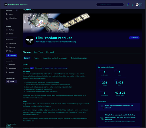 "More" page for the Film Freedom PeerTube site, with some stats and server info.