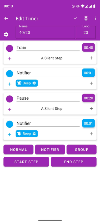 settings with exact timing of train 40s, notify with beep 1s, pause 20s, and notify again.