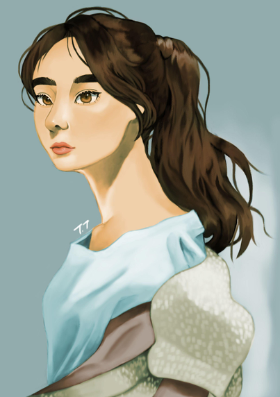 Coloured portrait of a girl standing with a blank background