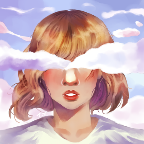 Girl with face and eyes partially covered by the fog and clouds