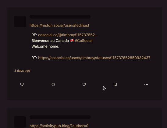 An inbox or home feed with some posts scrolling by, there are skeleton loaders where profile info would normally reside (avatar, display name, etc), instead of a webfinger style user id, the literal actor id url is displayed