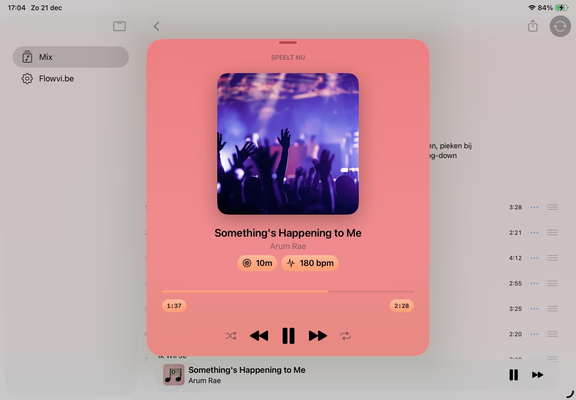 Screenshot from the app showing a now playing view with very prominently coloured status labels