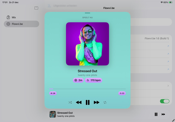 Screenshot from the app showing a now playing view with very prominently coloured status labels