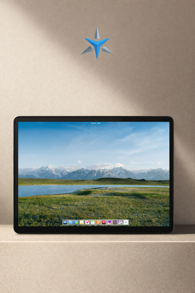 A Star Labs product photo of  running elementary OS, showing the default desktop and dock, to announce availability of the latest version pre-installed.