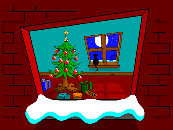 Christmas scene in pixel art style, showing a cosy Xmas-themed room with a decorated tree, presents and a cat looking through a window to a snowy exterior.
