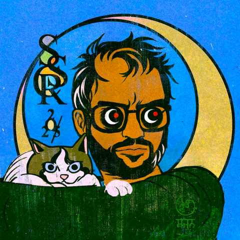 self portrait: brown person with thinning hair, glasses, a beard and glaring eyes, protectively holding a smug little ragdoll cat