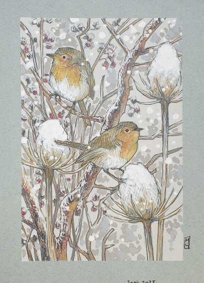 A small drawing of two robins on tree branches in winter, with falling snow. The drawing is on grey pastel paper.
The UK's favourite bird. Thanks to its bright red breast, it's familiar throughout the year and especially at Christmas. Males and females look identical.
An original art work, please note that the frame is not included.
Colour pencil and mixed media on acid free toned artist paper
5 by 7 inches (12.7 by 17.8 cm).