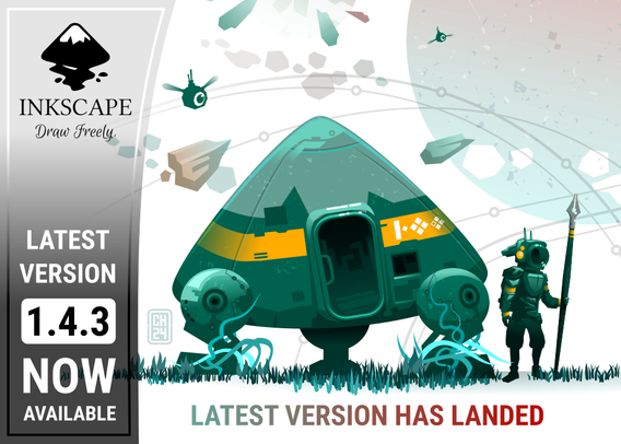 Picture of an alien spaceship with an astronaut standing in front of it. Text: Latest version has landed - Latest version 1.4.3 now available. CC-By-SA Chris Hildenbrand, edits by Joe LaPenna, Ishaan Arora