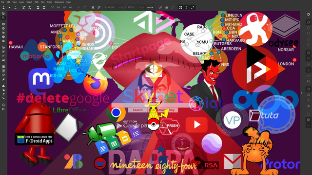 Fediverse of Google alternatives with activityPub, Peertube, Mastodon, Pixelfed,  Loops, Odysee, Nextcloud, and more alternatives depicted in SVG vector quality. Made with Inkscape.