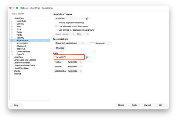 LibreOffice の設定画面のキャプチャー画像。
左サイドメニューから LibreOffice → Appearance が選択されていて、 Icons というセクションで Yaru (SVG) というアイコンセット名が選択されている。