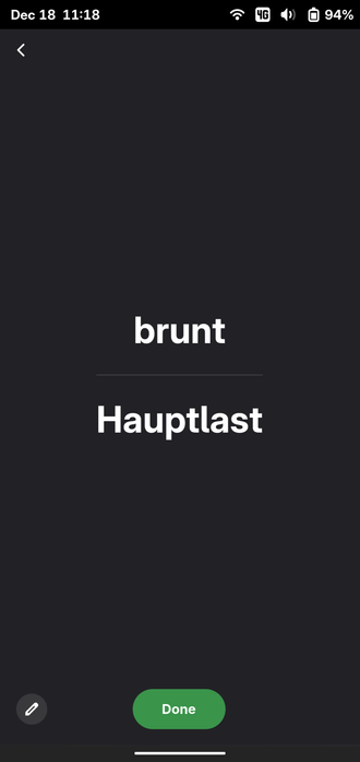 Screenshot of the Flashcard memorizing app Memorado on Linux Mobile (Gnome-Shell) showing the lerning dialog and the vocabulary for "brunt" and the German translation "Hauptlast"