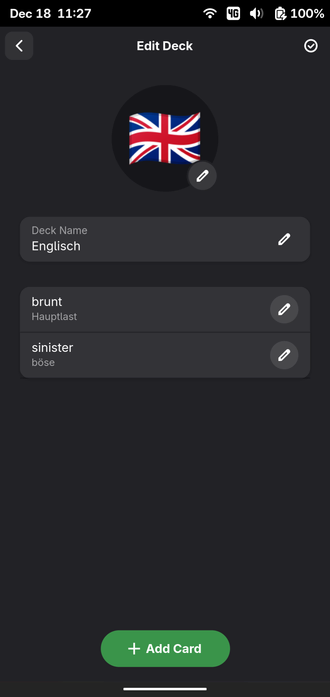 Screenshot of the Flashcard memorizing app Memorado on Linux Mobile (Gnome-Shell) showing the editing dialog and the vocabulary for "brunt" and the German translation "Hauptlast"