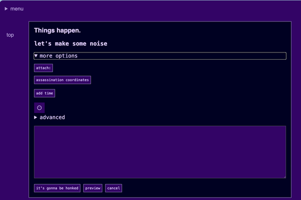 A dark-themed digital interface with a purple background. It features text fields for entering information, including options to attach files, add coordinates, and a button for advanced settings. There are also buttons for previewing and canceling.