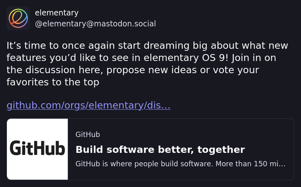 screenshot of the original post with the elementaryOS avatar and alink to github with a github logo twice as big.
