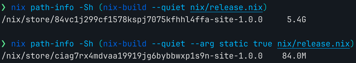 Screenshot of a terminal with text:

> nix path-info -Sh (nix-build --quiet nix/release.nix)
/nix/store/84vc1j299cf1578kspj7075kfhhl4ffa-site-1.0.0    5.4G
> nix path-info -Sh (nix-build --quiet --arg static true nix/release.nix)
/nix/store/ciag7rx<mdvaa19919jg6bybbwxp1s9n-site-1.0.0    84.0М