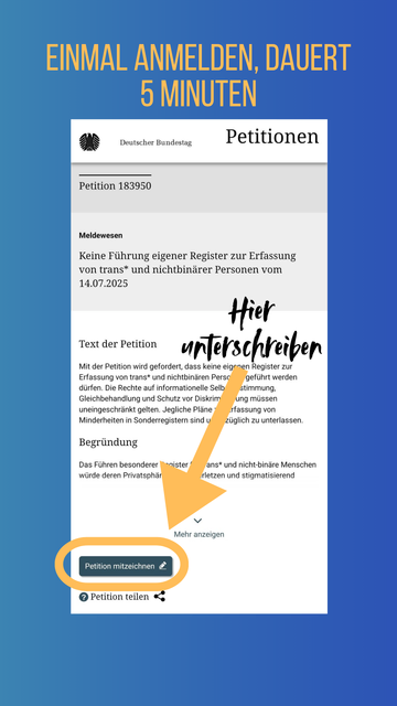 Vorschlag Share Pic
Gelb auf blauen Hintergrund
Einmal anmelden, dauert 5 Minuten

Screenshot der Petition
Pfeil mit den Worten hier unterschreiben.
Petition mitzeichnen ist in Gelb umrandet
