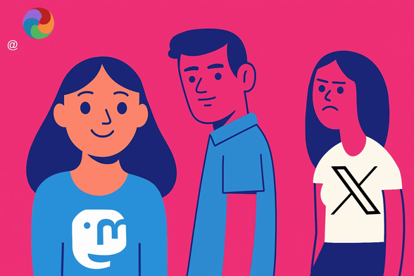 Auld lang syne music playing in the background: "Should old acquaintance be forgot and never brought to mind?". A sequence of images based on the "distracted boyfriend" meme contrasting open and closed (walled gardens) social media. e.g. Mastodon & X, Pixelfed & Instagram, etc.