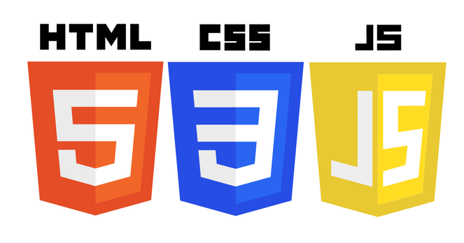 The html5 era badges for web technologies:
One is orange and has a 5 in the middle, reads "HTML".
Another is blue, has a 3 in the middle, reads CSS.
The last one is yellow has the letters JS in the middle, it reads "JS".