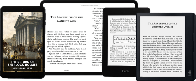 Various electronic devices showing the same ebook on the screen.
