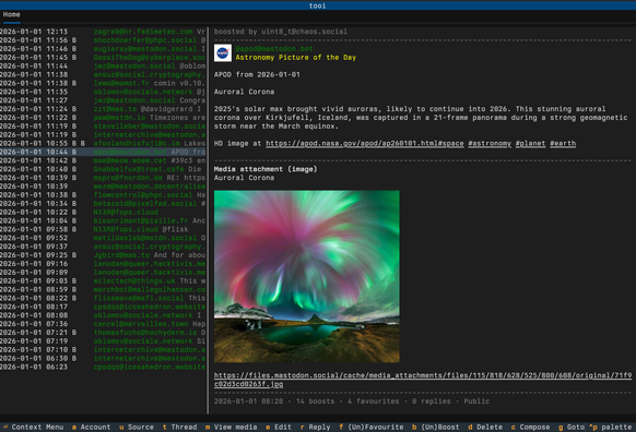 Screenshot of tooi, a Mastodon TUI.