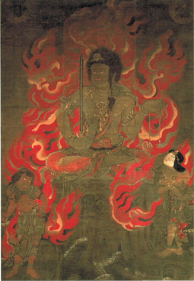 #FudōMyōō (不動明王) accompanied by his two boy sidekicks #Seitaka (制多迦童子) & #Kongara (矜羯羅童子). Color on silk, dating to the #Heian period (794-1185), from the collection of Daigo-ji (醍醐寺) in #Kyoto, #Japan.
#BuddhistArt #Buddhism