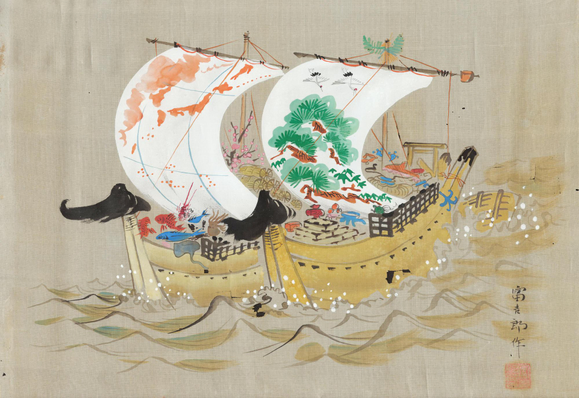 Painting of two 'Treasure Boats'...the right's sail has an image of pine tree (symbol of good luck and longevity), and the left's sail has an image of Japan and the Asian mainland.

Image thanks - https://ja.ukiyo-e.org/