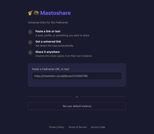 Screenshot of main page of mastoshare.link