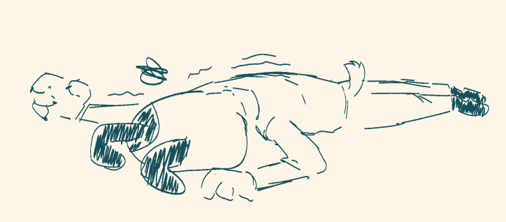 Mem lying on floor face down and defeated. He raises his shaking paw to the air 