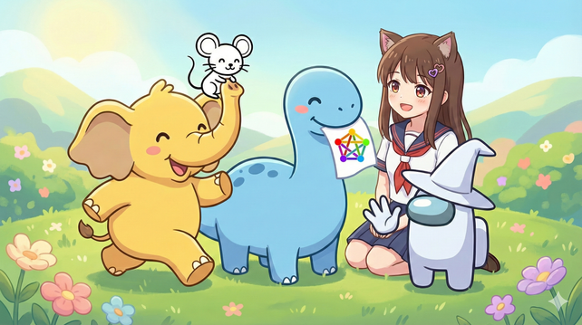 An illustration shows the mascots of several fediverse projects happily gathered in a sunny, green meadow with rolling hills and wildflowers. In the center, the blue dinosaur mascot of Fedify holds a paper with a colorful network diagram in its mouth, smiling. To the left, the yellow elephant mascot of Mastodon walks playfully with the small white mouse mascot of Lemmy perched on its trunk. To the right, the anime-style girl mascot of Misskey, wearing a sailor uniform and cat ears, kneels and smiles, with the white Among Us-like wizard mascot of Akkoma next to her. The overall mood is cheerful and friendly.