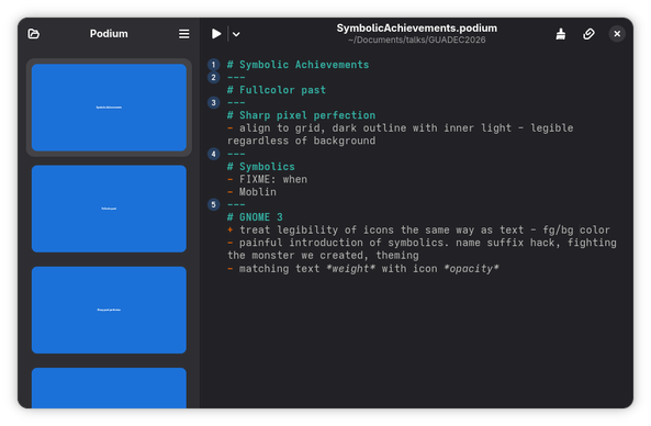 The beginnings of a talk. Screenshot of the Podium app, a GNOME approach to giving talks.