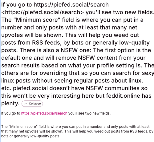 snippet of a post showing the raw html of the post content displayed as a spoiler/warning