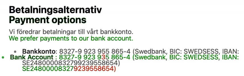 Screenshot of payment instructions in Svenska. An overlay of the translated text to English appears. Most of the words are green indicating correctness. The bank numbers are red indicating incorrect translation.