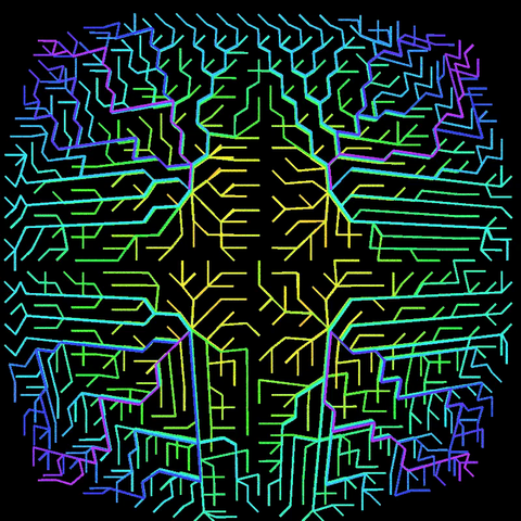 rotating 3D colorful generative composition made by 4 graphs/trees