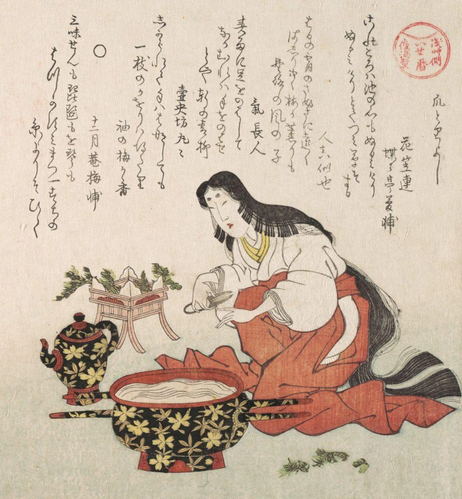 Woodblock print of a woman in kimono cutting her fingernails. Close by is a bowl of shepherd's purse steeped in water. She will soak her nails as part  of a ritual to make them strong and healthy.

Image thanks🙇‍♂️-https://tokotokotorikura.com
