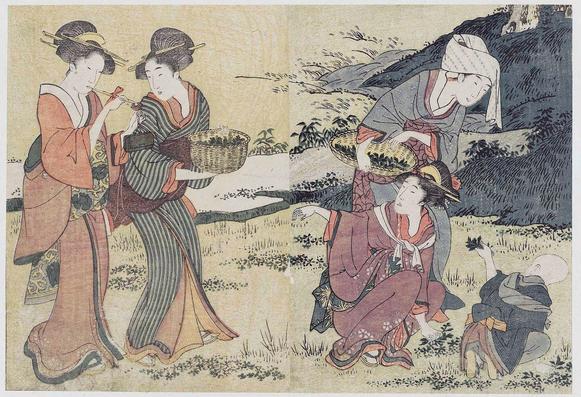 Woodblock print of a child and women gathering spring herbs.

Image thanks - https://ja.ukiyo-e.org/
