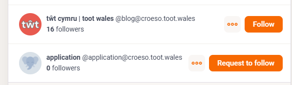 A search for accounts using the domain croeso.toot.wales shows two accounts known to the network