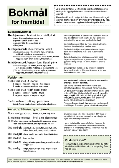 Bokmål for framtida! 

LSS arbeider for at vi i framtida skal ha ett fellesnorsk
skriftspråk, 

Allerede nå kan du velge å skrive mer tilpassa ditt eget
talemål. Her er en kort oversikt over hvordan du kan
skrive talemålsnært og framtidsretta på bokmål.