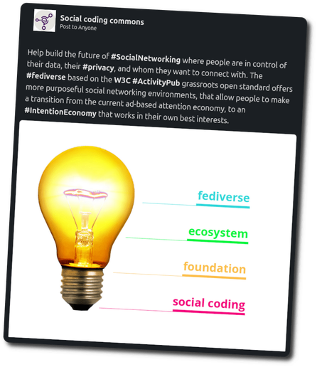 Image of a card titled "Social coding commons with the following text:

Help build the future of #SocialNetworking where people are in control of their data, their #privacy, and whom they want to connect with. The #fediverse based on the W3C #ActivityPub grassroots open standard offers more purposeful social networking environments, that allow people to make a transition from the current ad-based attention economy, to an #IntentionEconomy that works in their own best interests.

Showing an image below it of a lightbulb below it, with - from top to bottom - the following labels pointing to its various parts:

Fediverse: The bulb itself
Ecosystem: The glowing spiral
Foundation: The socket screw
Social coding: The anode of the bulb