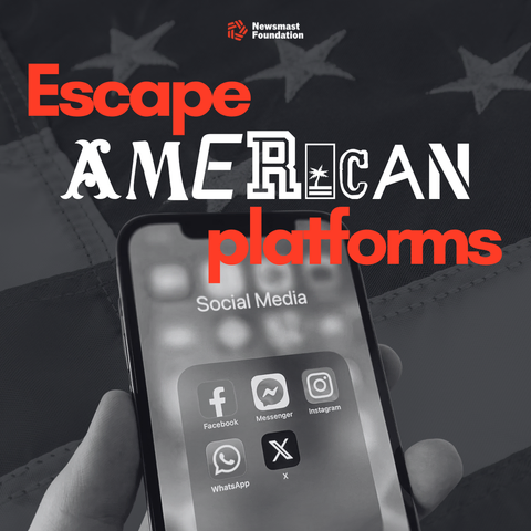 An image of a smartphone displaying multiple social media apps: Facebook, Messenger, Instagram, WhatsApp, X. In the background, is a US flag. Both images are balck and white. Over them, text reads: "Escape American platforms".