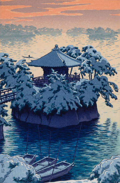 A winter sunset at Godaido Temple, on the shores of Matsushima Bay. In the foreground, a trio of small wooden boats are tied up close together. Beyond, the small Godaido Temple stands on its own tiny island: surrounded by trees, accessed from the mainland via a short wooden bridge, the temple appears dark and deserted. Further on, a scattered handful of other treed and rocky islands populate Matsushima Bay; a lone pilot steers a small boat from right to left. Above, the sunset has turned the sky shades of coral and pink. The trees, temple and boats are covered with a layer of fresh snow.