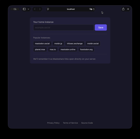 Mastoshare shows list of buttons for popular instances