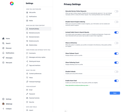 New Pixelfed Privacy Settings page