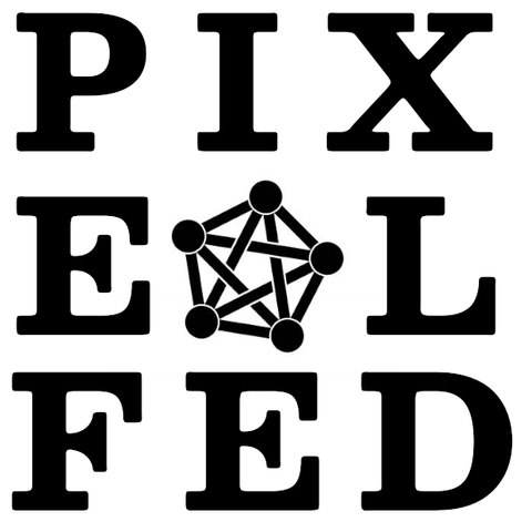 Stickervorlage, quadratisch. in drei Zeilen: PIX - EL -FED
in der mittleren Reihe zwischen E und L der Fediversestern
alles in schwarz auf weiß