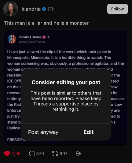 Meta Threads popup saying: "Consider editing your post: This post is similar to others that have been reported. Please keep Threads a supportive place by rethinking it."
