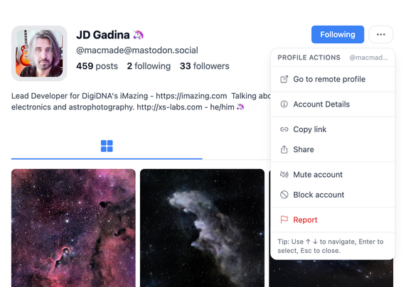 Screenshot of the new Pixelfed webUI showing the new dropdown component with rich A11y support