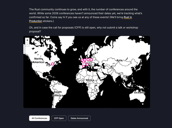 Screenshot of my blog post on Rust 2026 conferences with a black-and-white map showing all conference locations and a set of buttons to filter conferences by "CfP open" and "Dates Announced."