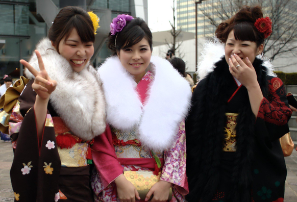 Young women in kimono, celebrating Coming-of-Age Day.