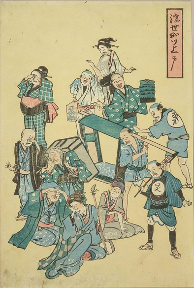 Woodblock print of a drunken group (some crying, some laughing).

Image thanks - https://ja.ukiyo-e.org/