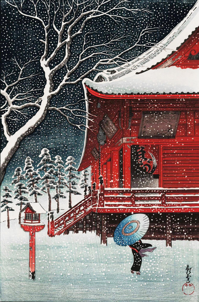 A snowy evening at a temple in Japan. A single figure passes an unlit wooden lantern as they approach a tall, red-lacquered temple building; the figure carries a bamboo umbrella as protection from the snow, as the winter wind whips their robes about them. Snow covers the ground all around, and sticks to the bark and bare branches of a tall tree on our left. More snow covers the roof and railings of the temple. The sky above is dark and overcast.