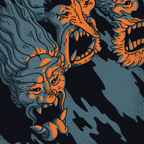 Illustration of 3 flying heads of japanese demons.